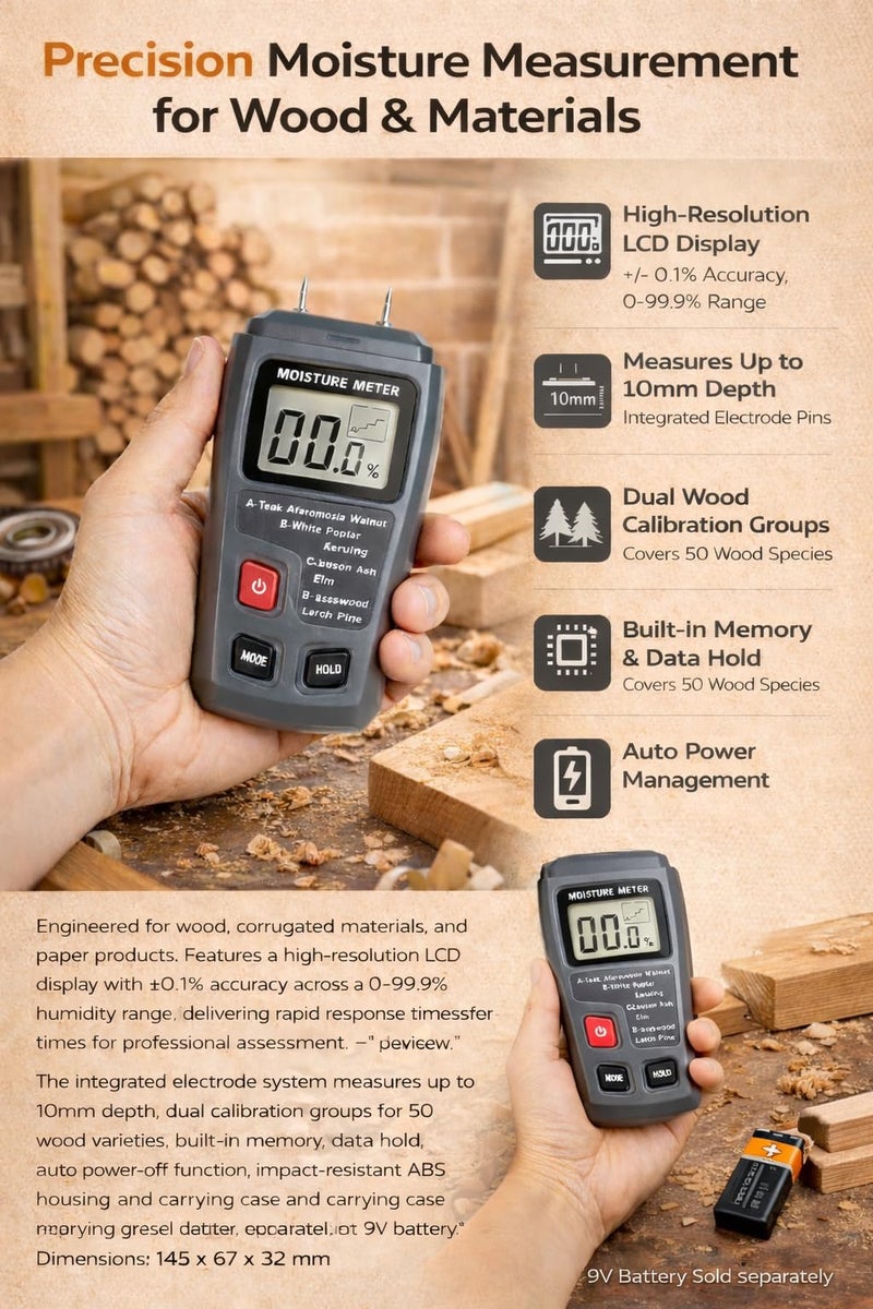 LABART Digital Wood Moisture Meter Handheld Damp Meter Digital Wall Moisture Detector Paper Humidity Tester Humidity Measuring with HD LCD for Wood Firewood Cardboard Paper Corrugated Box - Image 4