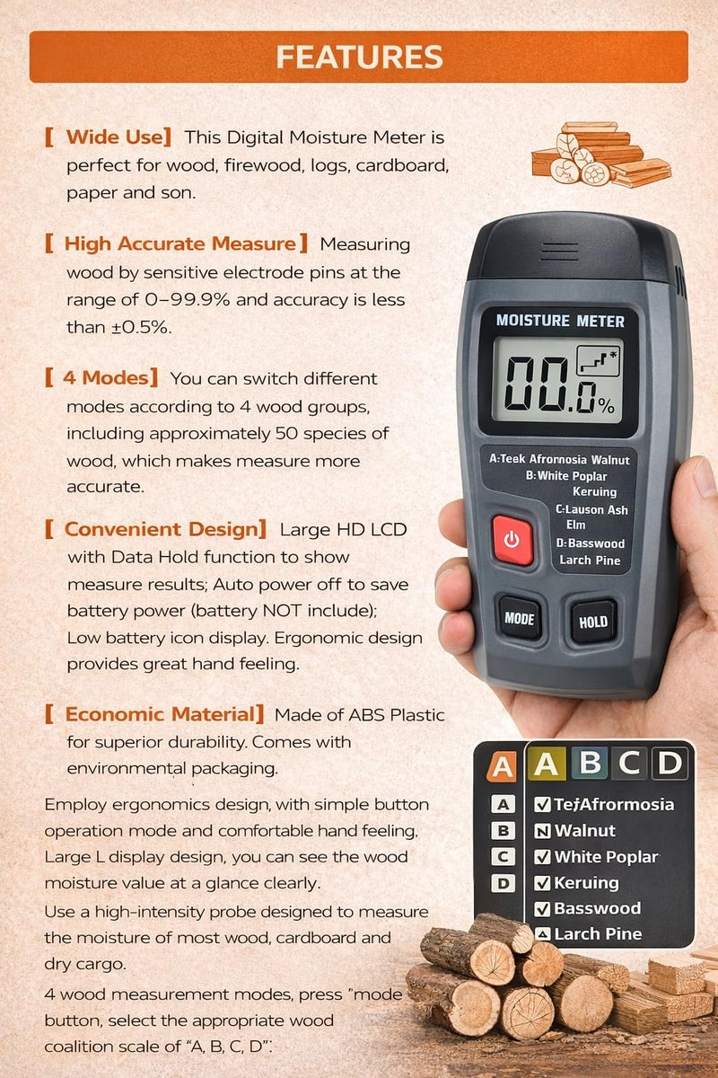 LABART Digital Wood Moisture Meter Handheld Damp Meter Digital Wall Moisture Detector Paper Humidity Tester Humidity Measuring with HD LCD for Wood Firewood Cardboard Paper Corrugated Box - Image 5