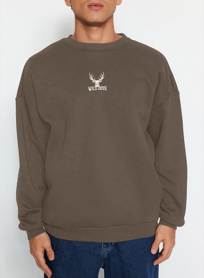 trendyol Dark Brown Oversize/Wide Cut Crew Neck Long Sleeve Animal Embroidered Sweatshirt - Image 4