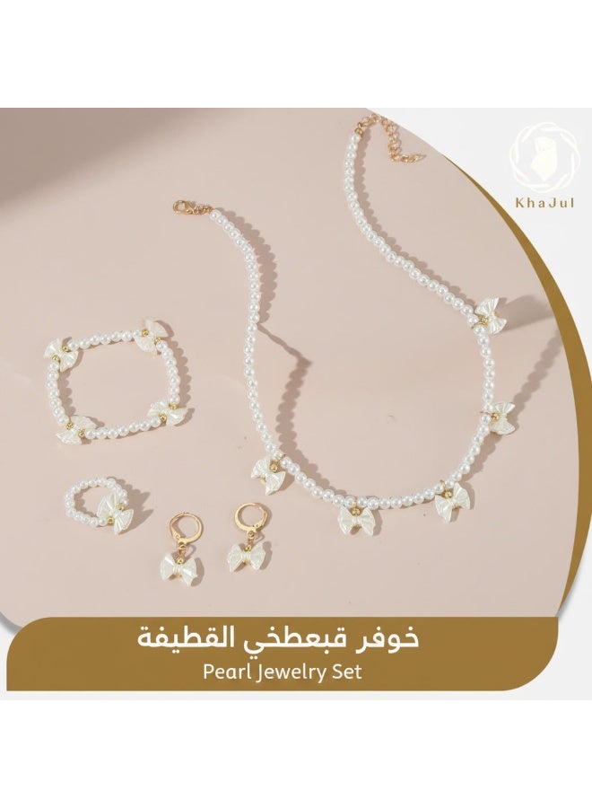 KHAJUL 4 Pieces Girls Pearl Jewelry Set, White Bow Necklace Bracelet Earrings Ring for Toddler, Adjustable Chain Lightweight Faux Pearl Set, Birthday Gift for Little Girl - Image 1