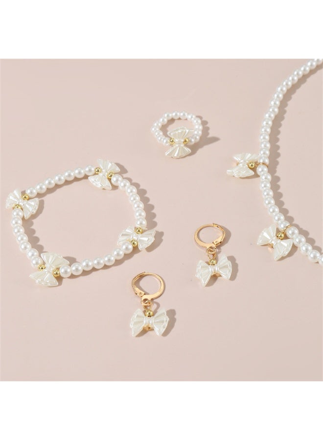 KHAJUL 4 Pieces Girls Pearl Jewelry Set, White Bow Necklace Bracelet Earrings Ring for Toddler, Adjustable Chain Lightweight Faux Pearl Set, Birthday Gift for Little Girl - Image 3