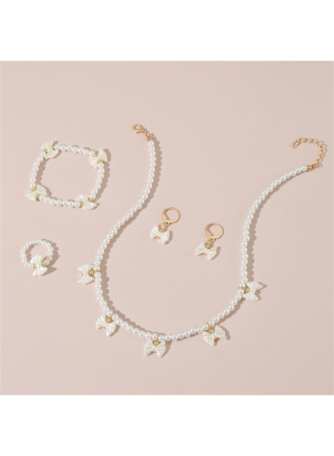 KHAJUL 4 Pieces Girls Pearl Jewelry Set, White Bow Necklace Bracelet Earrings Ring for Toddler, Adjustable Chain Lightweight Faux Pearl Set, Birthday Gift for Little Girl - Image 4