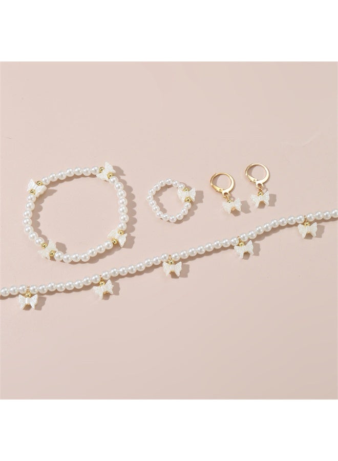 KHAJUL 4 Pieces Girls Pearl Jewelry Set, White Bow Necklace Bracelet Earrings Ring for Toddler, Adjustable Chain Lightweight Faux Pearl Set, Birthday Gift for Little Girl - Image 5