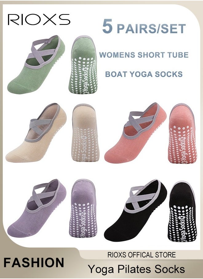 RIOXS 5 Pairs Yoga Socks For Women Non-Slip Grips & Straps Non Slip Socks For Yoga Pilates Ideal For Pilates Ballet Dance Barefoot Workout  - Image 1