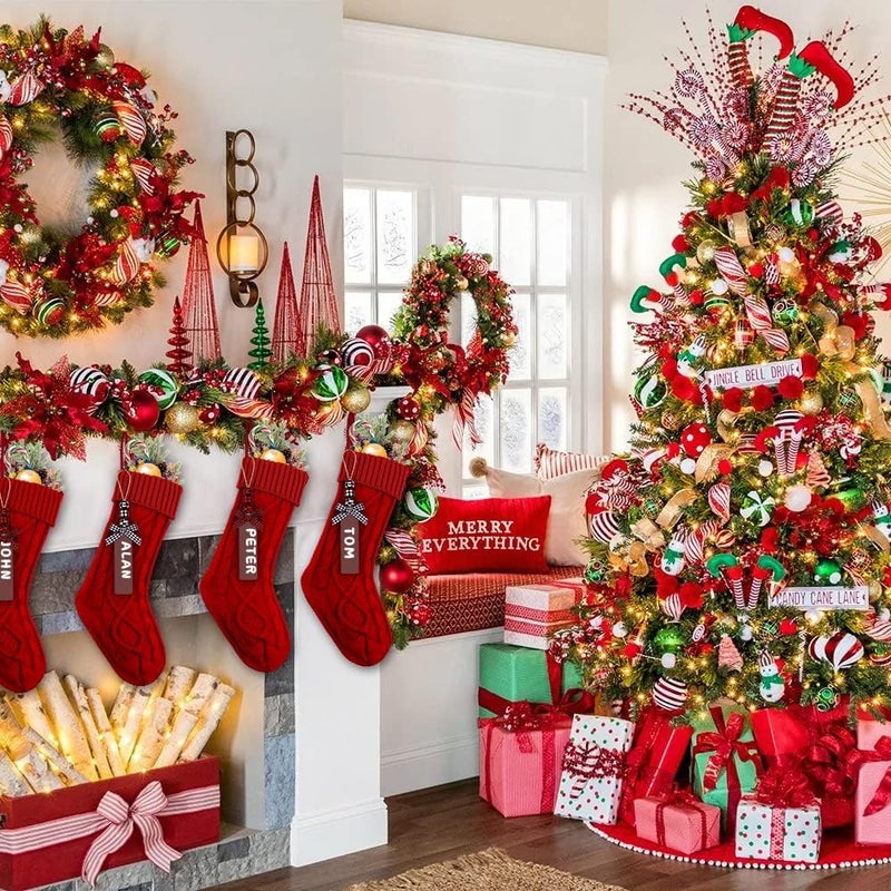 XIMISHOP 4PCS Christmas Stockings with Name Tags, 18inch Large Personalized Cable Knitted Xmas Hanging Stocking Decorations for Holiday Christmas Party Family Decor (Red) - Image 5