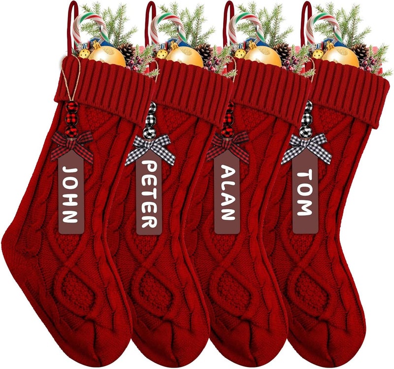 XIMISHOP 4PCS Christmas Stockings with Name Tags, 18inch Large Personalized Cable Knitted Xmas Hanging Stocking Decorations for Holiday Christmas Party Family Decor (Red) - Image 1