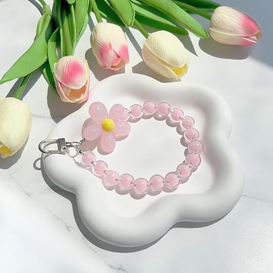 KHOLAD Mobile Phone Strap Pearl Beaded Flower Bracelet Creative Hanging Rope Keychain Anti-Lost Case Lanyard Girl Women's Wrist Strap Charms (Pink) - Image 4