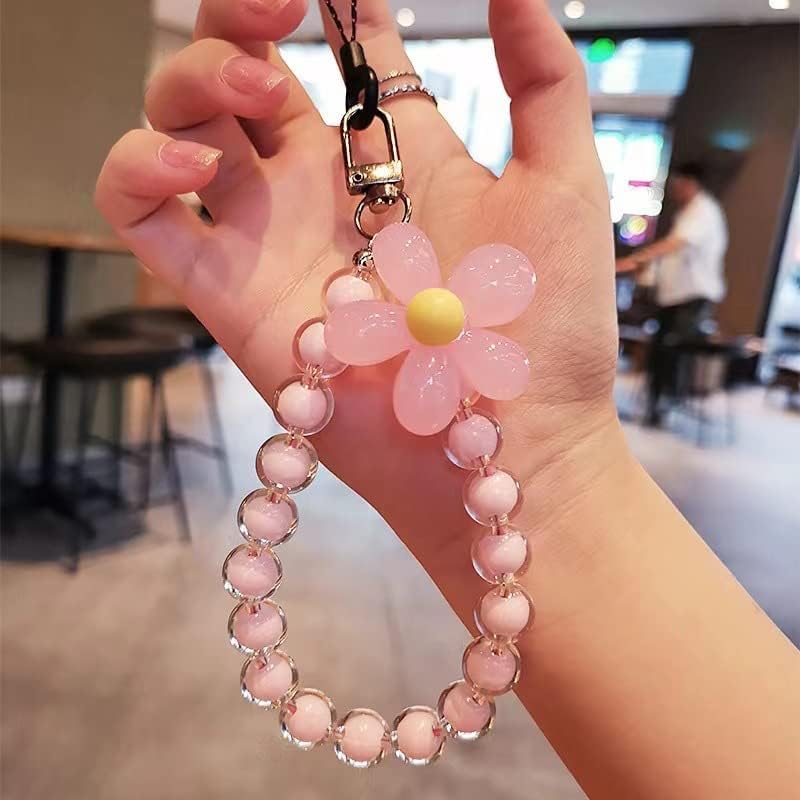 KHOLAD Mobile Phone Strap Pearl Beaded Flower Bracelet Creative Hanging Rope Keychain Anti-Lost Case Lanyard Girl Women's Wrist Strap Charms (Pink) - Image 3
