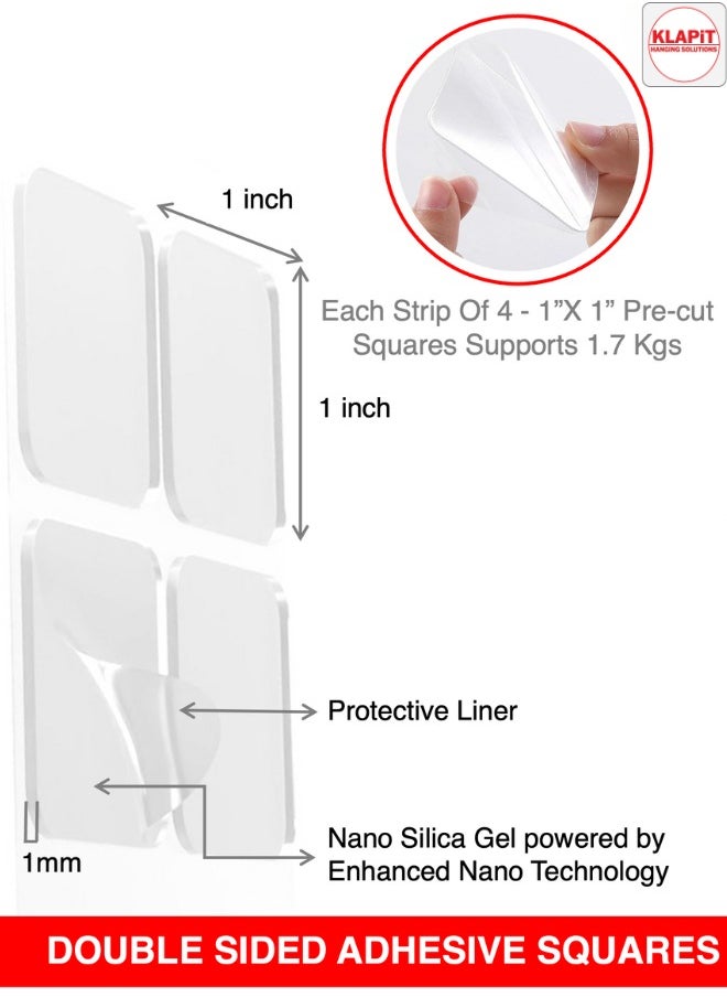KLAPiT - KLAPiT Super Strip EZHold - pre-cut 1"x1" Heavy-Duty Mounting Tape Squares, double sided, Waterproof, transparent Holds up to 15 LB (6.8 kg) instant, clean adhesion and leaves no residue (16pc) - Image 1