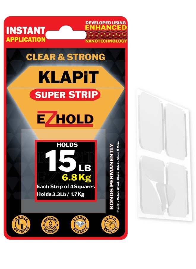 KLAPiT - KLAPiT Super Strip EZHold - pre-cut 1"x1" Heavy-Duty Mounting Tape Squares, double sided, Waterproof, transparent Holds up to 15 LB (6.8 kg) instant, clean adhesion and leaves no residue (16pc) - Image 1