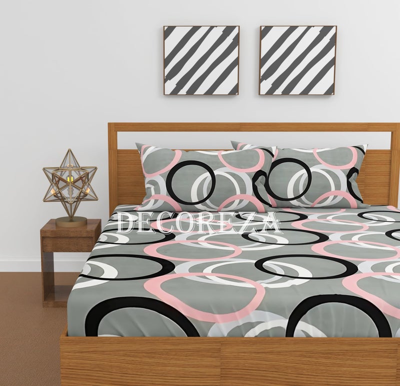 DECOREZA Cotton Feel Glace Cotton Elastic Fitted Printed King Size Double Bed Bedsheet with 2 Pillow Covers and Fits Upto 8 inches Mattress, Size- 72"x78" (Grey Gola) - Image 2