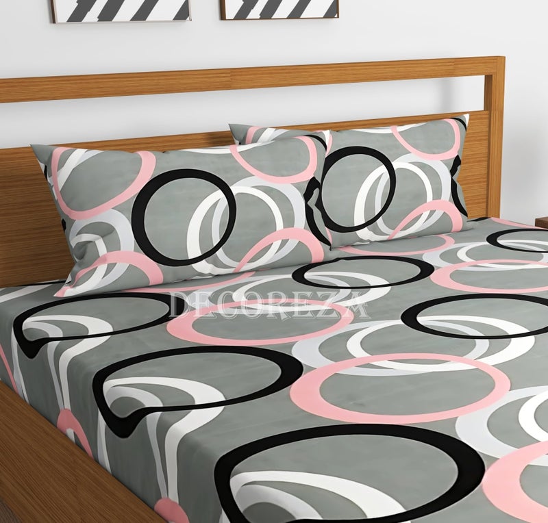 DECOREZA Cotton Feel Glace Cotton Elastic Fitted Printed King Size Double Bed Bedsheet with 2 Pillow Covers and Fits Upto 8 inches Mattress, Size- 72"x78" (Grey Gola) - Image 3