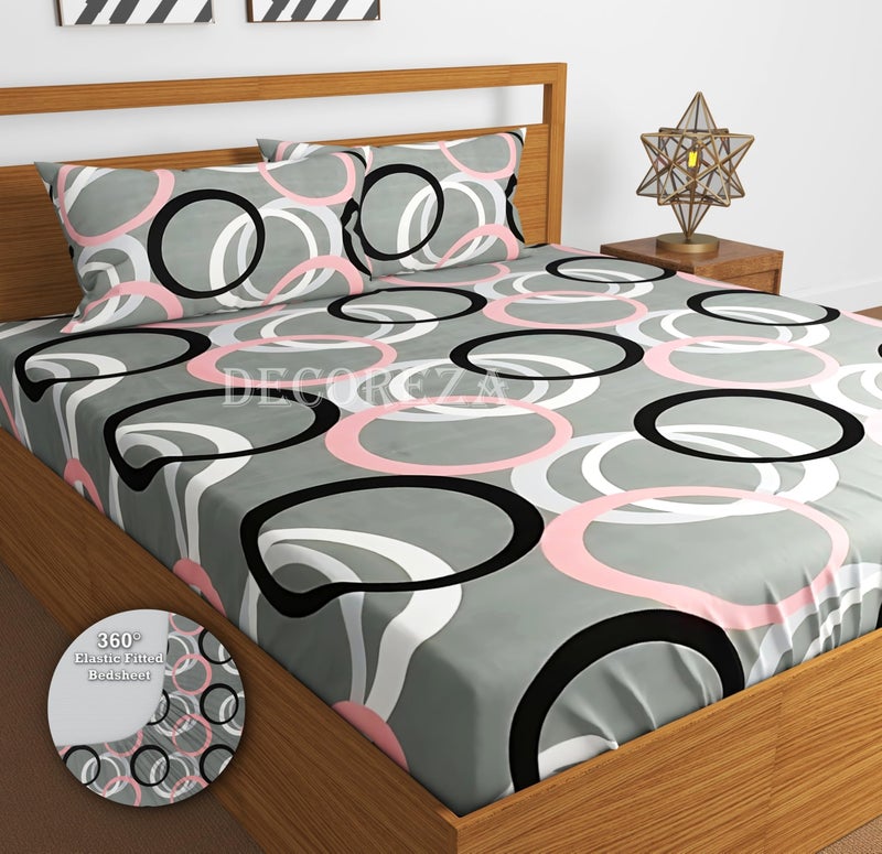 DECOREZA Cotton Feel Glace Cotton Elastic Fitted Printed King Size Double Bed Bedsheet with 2 Pillow Covers and Fits Upto 8 inches Mattress, Size- 72"x78" (Grey Gola) - Image 1