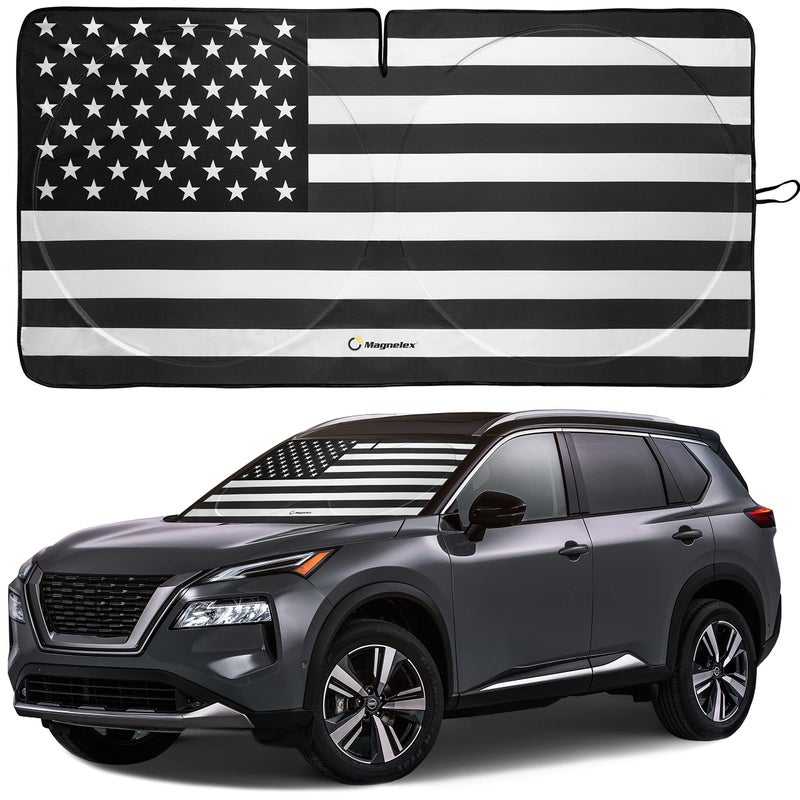American Flag Windshield Sun Shade HighResolution Car Sun Shield with Mirror CutOut for Automotive Interior Sun and Heat Protection Folding Sunshade with Storage Bag Medium Black White