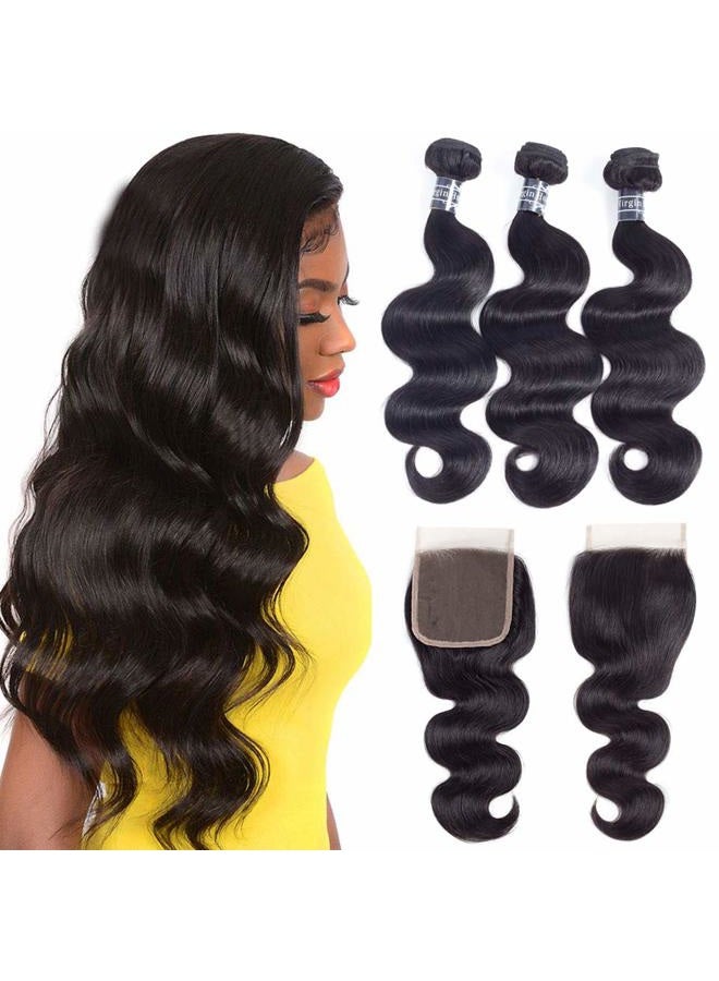 Amella Hair 8A Brazilian Body Wave Hair Bundles with Closure(18 20 22 +16 Free Part) 100% Unprocessed Brazilian Virgin Body Wave Hair Weave with 4x4 Closure Remy Hair - Image 1
