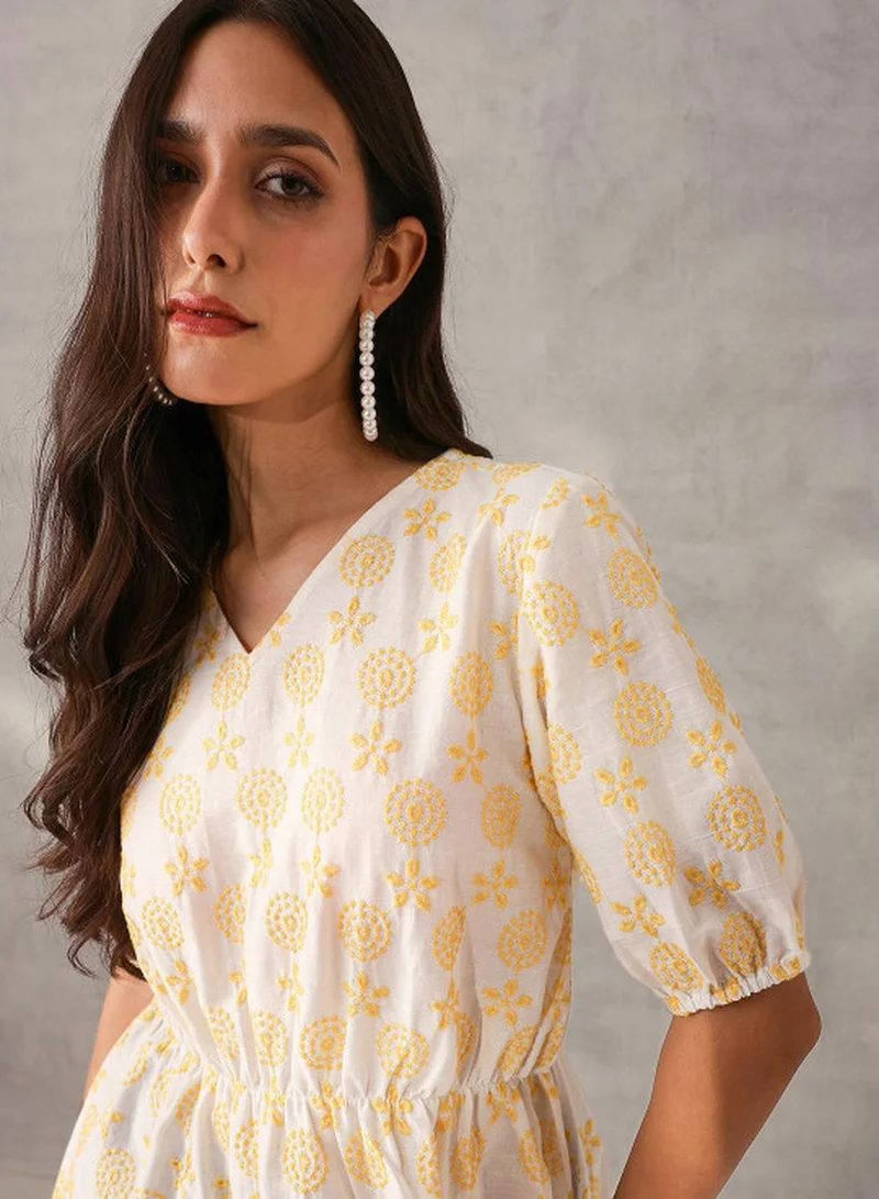 ISHIN Women's White Cotton Embroidered Tunic Regular Fit Tops