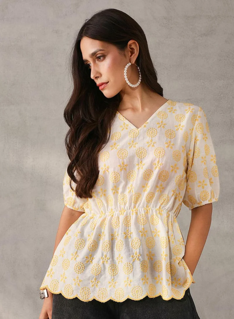 ISHIN Women's White Cotton Embroidered Tunic Regular Fit Tops