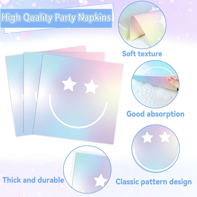 Justforjoyful 96Pcs Iridescent Party Supplies Smile Face Paper Plates Napkins Holographic Foil Laser Party Tableware Set Holographic Dinnerware for Birthday Baby Shower Decoration Serve 24 - Image 4