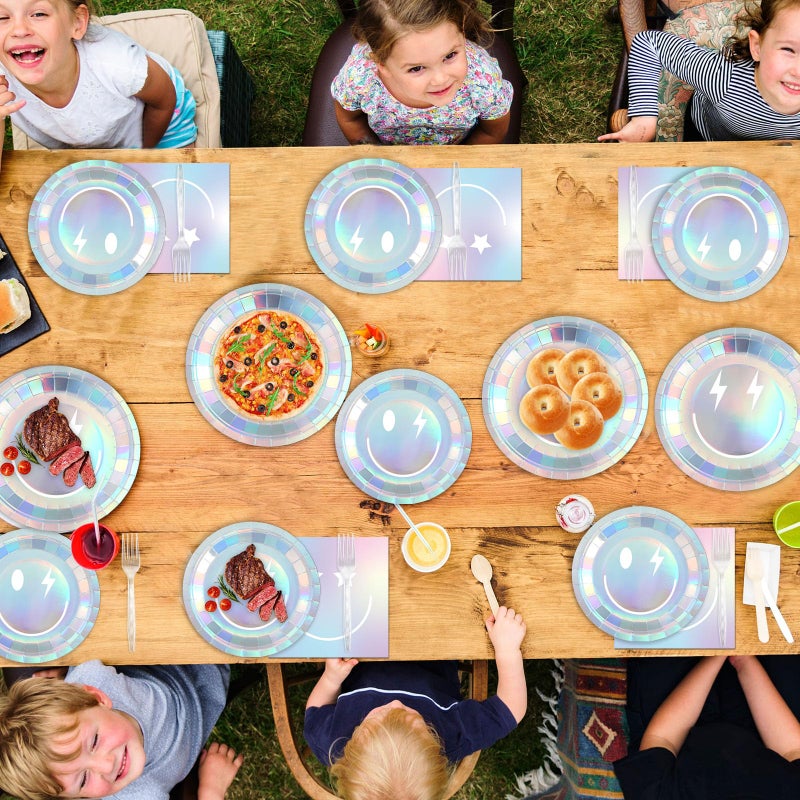Justforjoyful 96Pcs Iridescent Party Supplies Smile Face Paper Plates Napkins Holographic Foil Laser Party Tableware Set Holographic Dinnerware for Birthday Baby Shower Decoration Serve 24 - Image 5