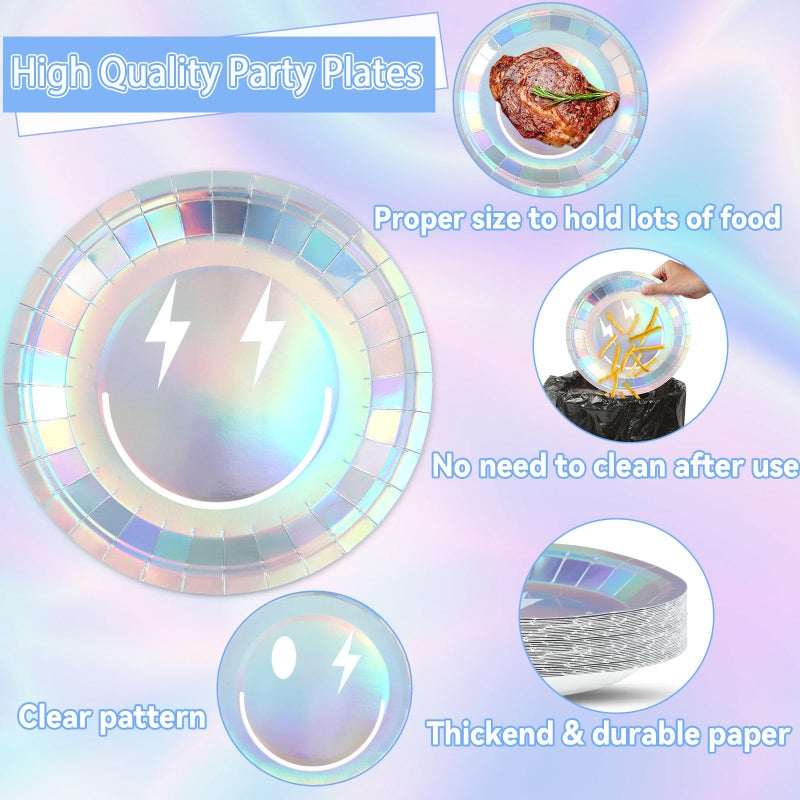 Justforjoyful 96Pcs Iridescent Party Supplies Smile Face Paper Plates Napkins Holographic Foil Laser Party Tableware Set Holographic Dinnerware for Birthday Baby Shower Decoration Serve 24 - Image 3