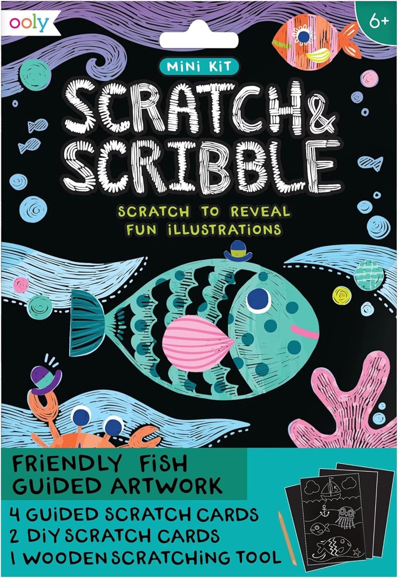 Ooly Mini Scratch & Scribble Art Kit - 6 Card Rainbow Scratch Art Set Gifts for Kids, Travel-Friendly Craft Kit, Scratching Tool Included - Friendly Fish - Image 1