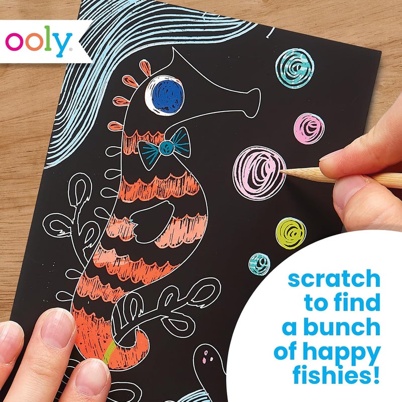 Ooly Mini Scratch & Scribble Art Kit - 6 Card Rainbow Scratch Art Set Gifts for Kids, Travel-Friendly Craft Kit, Scratching Tool Included - Friendly Fish - Image 2