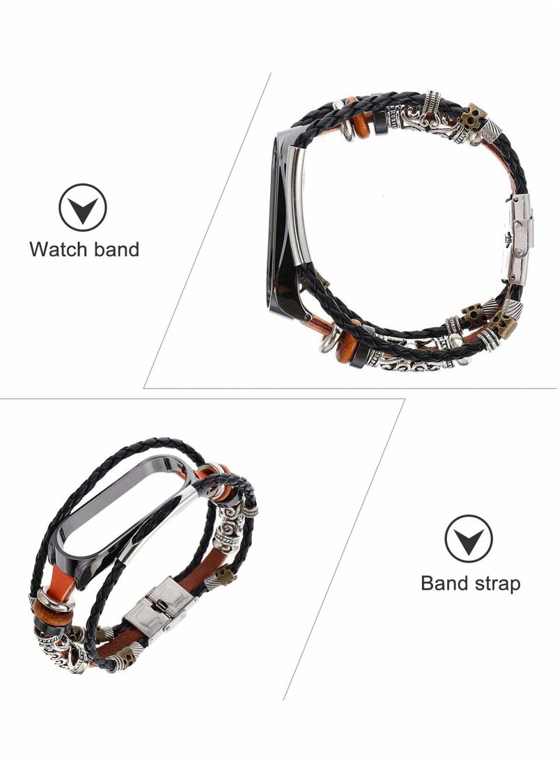 Excefore Wrist Strap for Mi Band 5, PU Leather Band with Lightweight Metal Frame DIY Handmade Beaded Retro Ethnic Style Watchband,Replacement Watch Strap with Case for Women Men  - Image 3
