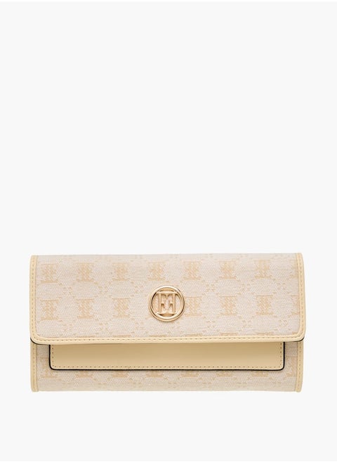 Women Monogram Textured Wallet with Button Closure