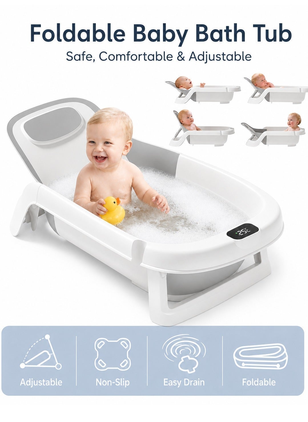 WALALLA Reclining Baby Bathtub with Real-Time Thermometer, Angle Adjustable Infant Bath Tub with Drain Plug, Non-Slip Base and Soft Rounded Edges, Portable Newborn to Toddler Bath Tub for Home and Tra