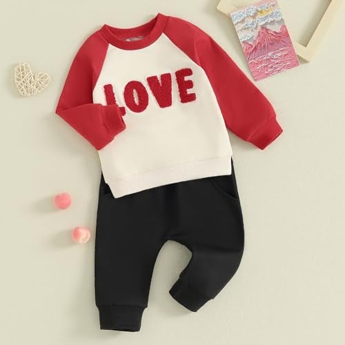LAGKIYOJ Toddler Baby Boy Girl Valentines Outfit Letter Embroidery Sweatshirt Top Pants Kids Infant Fall Winter Clothes (Apricot Red, 18-24 Months) - Image 3