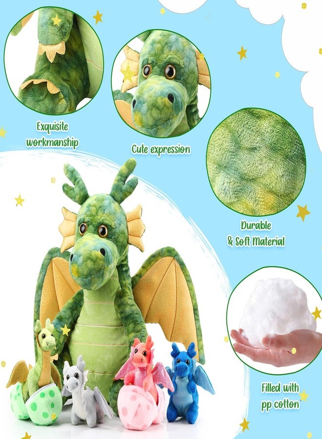 Arrowbash 7 Pcs Dragon Plush Toys Gift Set 15.75" Large Dragon Mom Stuffed Animal with 4 Cute Babies and 2 Eggs in Mommy's Belly for Kids Birthday Christmas Classroom Prizes(Green) - Image 3