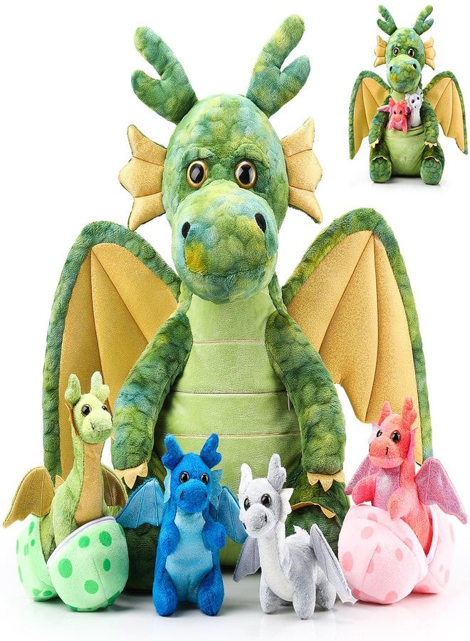 Arrowbash 7 Pcs Dragon Plush Toys Gift Set 15.75" Large Dragon Mom Stuffed Animal with 4 Cute Babies and 2 Eggs in Mommy's Belly for Kids Birthday Christmas Classroom Prizes(Green) - Image 1