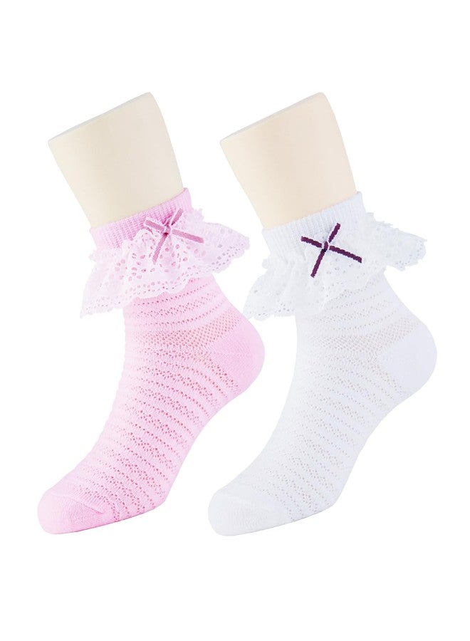 PrinceSasa Summer Ruffle Socks Double Lace Frilly Dress Socks Kids Wedding Girls Socks for Baby (Pack of 2),2E1,size 5-6 Years(6Y) - Image 1