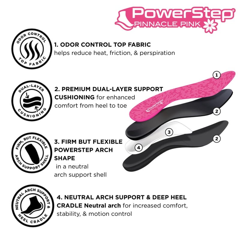 PowerStep Pinnacle Pink Orthotics for Women - Arch Support Inserts for Plantar Fasciitis Relief- Made in USA- Maximum Cushioning Arch Support, Deep Heel Cup for Pronation (W 9-9.5, M 7-7.5) - Image 3