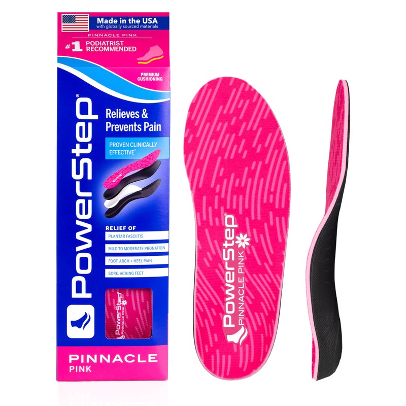 PowerStep Pinnacle Pink Orthotics for Women - Arch Support Inserts for Plantar Fasciitis Relief- Made in USA- Maximum Cushioning Arch Support, Deep Heel Cup for Pronation (W 9-9.5, M 7-7.5) - Image 1