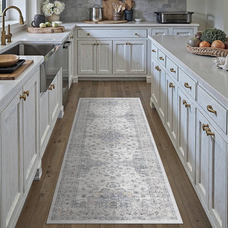 HUGEAR Machine Washable Hallway Runner Rugs 2x6 Vintage Blue Neutral Style Non Slip Stain Resistant Low Pile Throw Carpet for Bedroom Kitchen Retro Aesthetic Modern Decor - Image 1