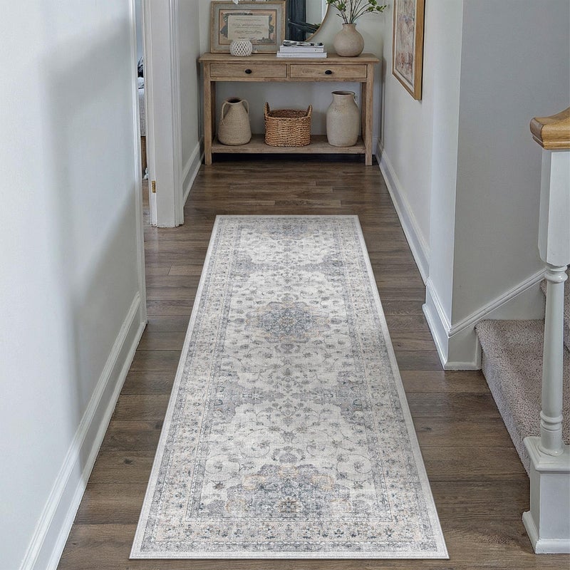 HUGEAR Machine Washable Hallway Runner Rugs 2x6 Vintage Blue Neutral Style Non Slip Stain Resistant Low Pile Throw Carpet for Bedroom Kitchen Retro Aesthetic Modern Decor - Image 2