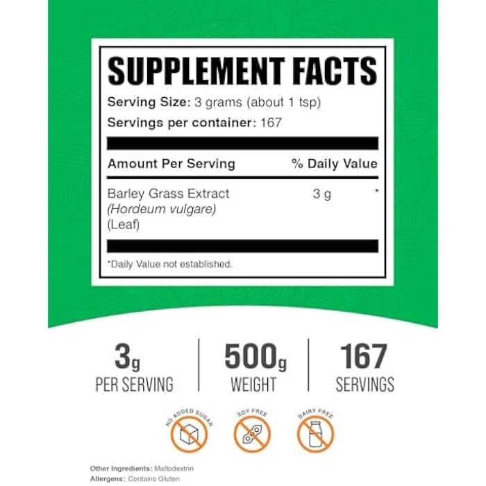 BulkSupplements.com Barley Grass Extract Powder - Barley Powder, Green Superfood Supplement, Barley Extract - Vegan-Friendly, 3g per Serving, 500g (1.1 lbs) (Pack of 1) - Image 2