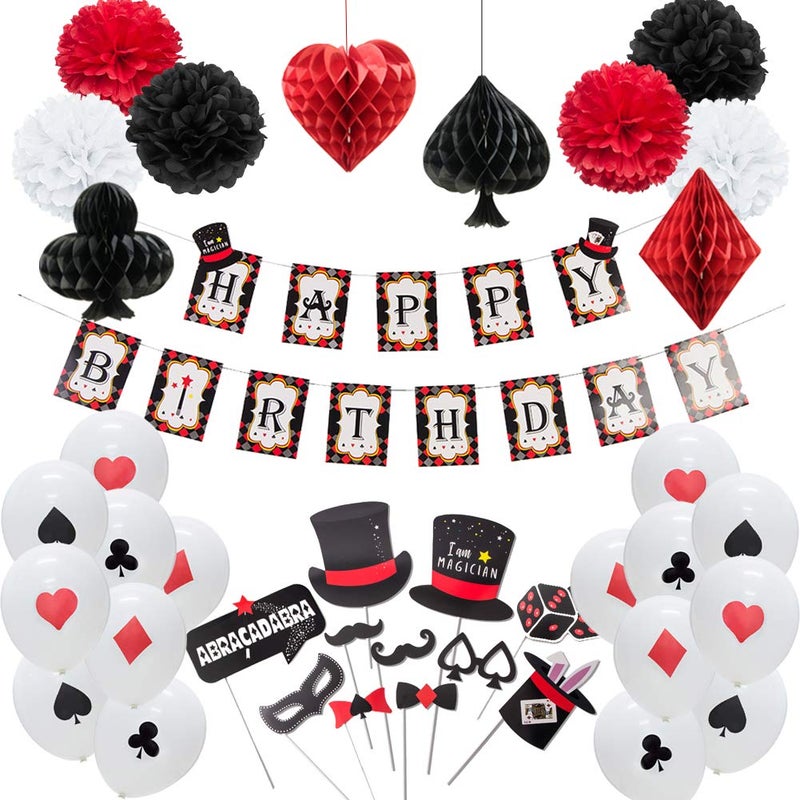 Easy Joy Magician Birthday Party Supplies Poker Themed Las Vegas Casino Themed Latex Balloons Paper Honeycomb Pom Poms Magic Show Photo Booth Props Decoration Easy Joy - Image 3