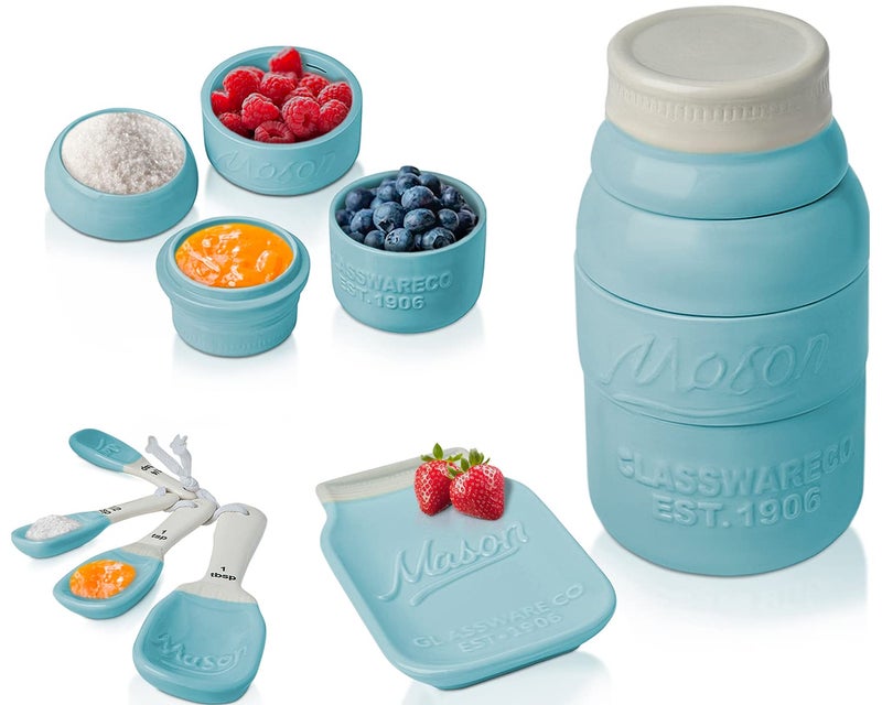 Comfify Vintage Mason Jar Ceramic Kitchenware Set by Comfify - Multi-Piece Kitchen Ceramic Decor Set w/ 4 Measuring Cups, 4 Measuring Spoons and Spoon Rest - Attractive Vintage Style, in Aqua Blue/Teal - Image 1