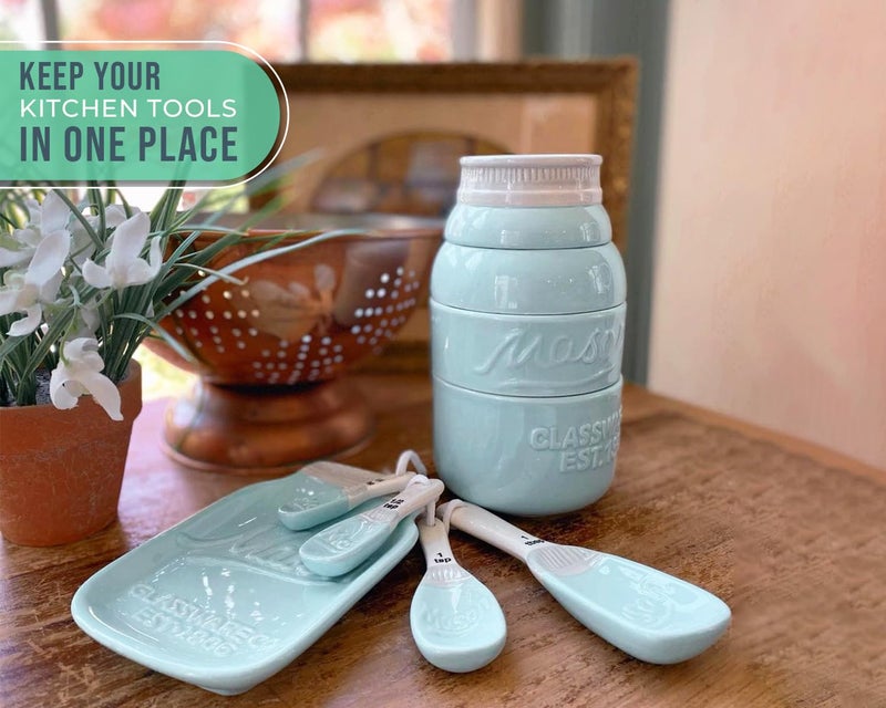 Comfify Vintage Mason Jar Ceramic Kitchenware Set by Comfify - Multi-Piece Kitchen Ceramic Decor Set w/ 4 Measuring Cups, 4 Measuring Spoons and Spoon Rest - Attractive Vintage Style, in Aqua Blue/Teal - Image 5