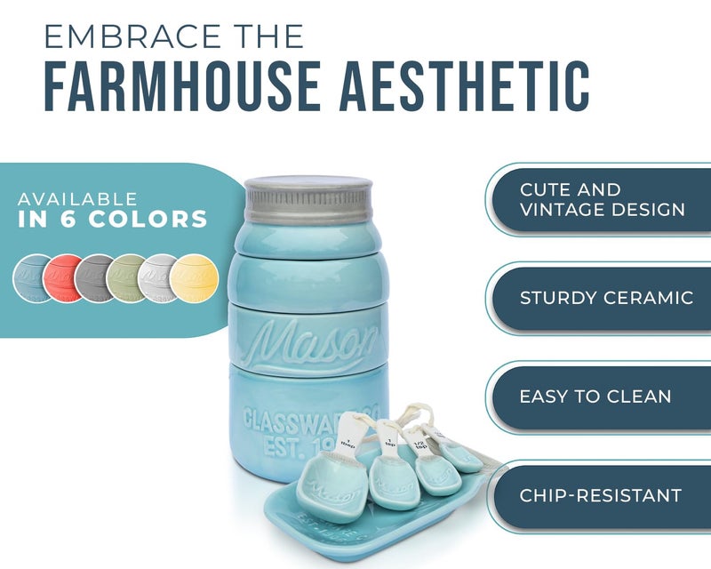 Comfify Vintage Mason Jar Ceramic Kitchenware Set by Comfify - Multi-Piece Kitchen Ceramic Decor Set w/ 4 Measuring Cups, 4 Measuring Spoons and Spoon Rest - Attractive Vintage Style, in Aqua Blue/Teal - Image 2