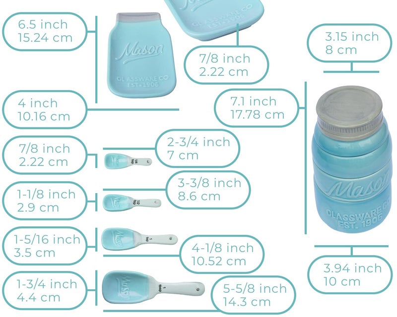 Comfify Vintage Mason Jar Ceramic Kitchenware Set by Comfify - Multi-Piece Kitchen Ceramic Decor Set w/ 4 Measuring Cups, 4 Measuring Spoons and Spoon Rest - Attractive Vintage Style, in Aqua Blue/Teal - Image 3