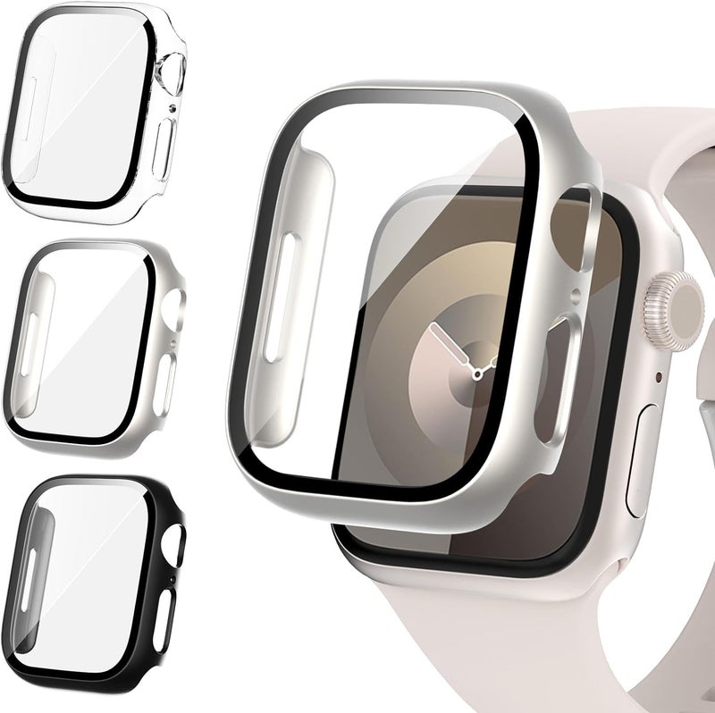 AWH Apple Watch Series 8/7 45mm 3-Pack Hard PC Case with Built-in 9H Tempered Glass Screen Protector (Black+Starlight+Clear) - Image 1