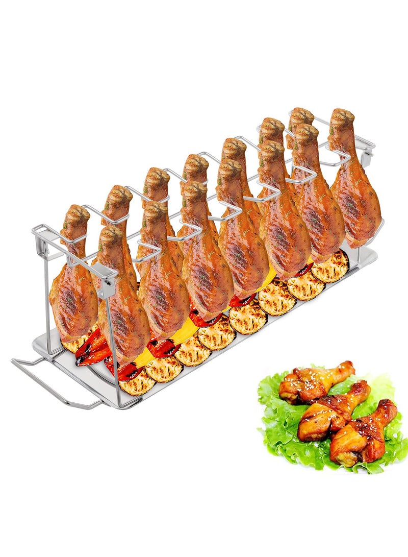 , 14 Slots Chicken Leg Wing Rack, Stainless Steel Display Roaster Stand with Tray, Metal Grill Rack for Poultry, Vegetables, BBQ, Picnic, Dishwasher Safe - Image 1