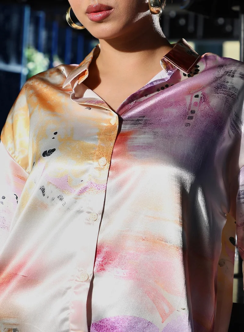 PINACOLADA  Women's Cantaloupe Orange & Amethyst Purple Abstract-Satin Oversized Shirt for Women | Best Price UAE