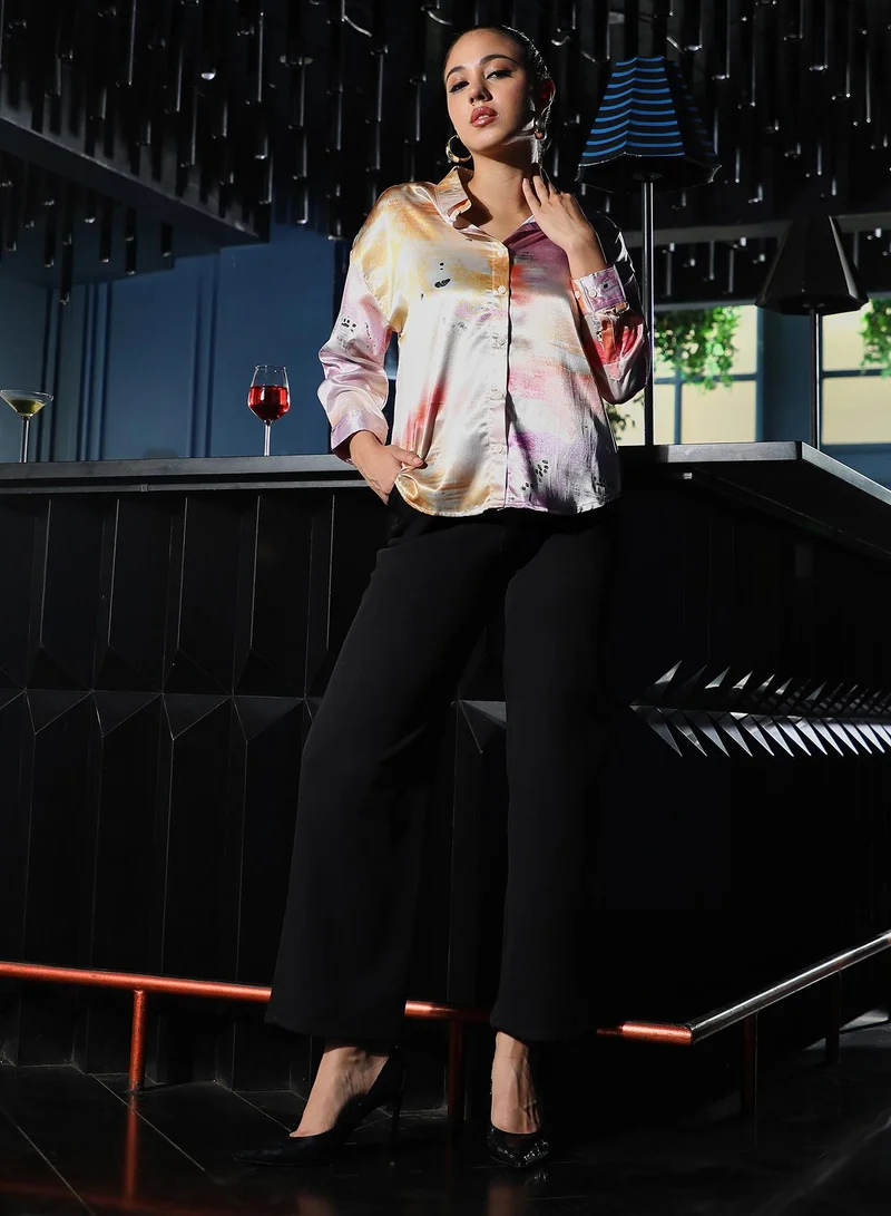 PINACOLADA  Women's Cantaloupe Orange & Amethyst Purple Abstract-Satin Oversized Shirt for Women | Best Price UAE