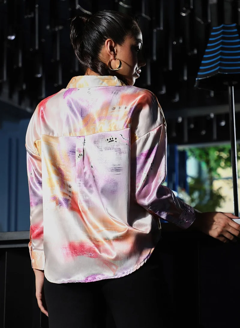 PINACOLADA  Women's Cantaloupe Orange & Amethyst Purple Abstract-Satin Oversized Shirt for Women | Best Price UAE