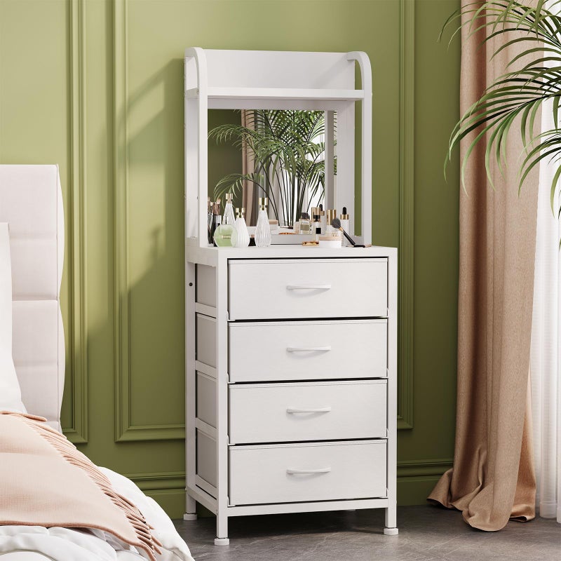 WODRAWER Tall Dresser for Bedroom, 4 Drawer Dresser & Chests of Drawers with Mirror & Open Shelves, Vertical Vanity Storage Cabinet for Small Space - Image 1