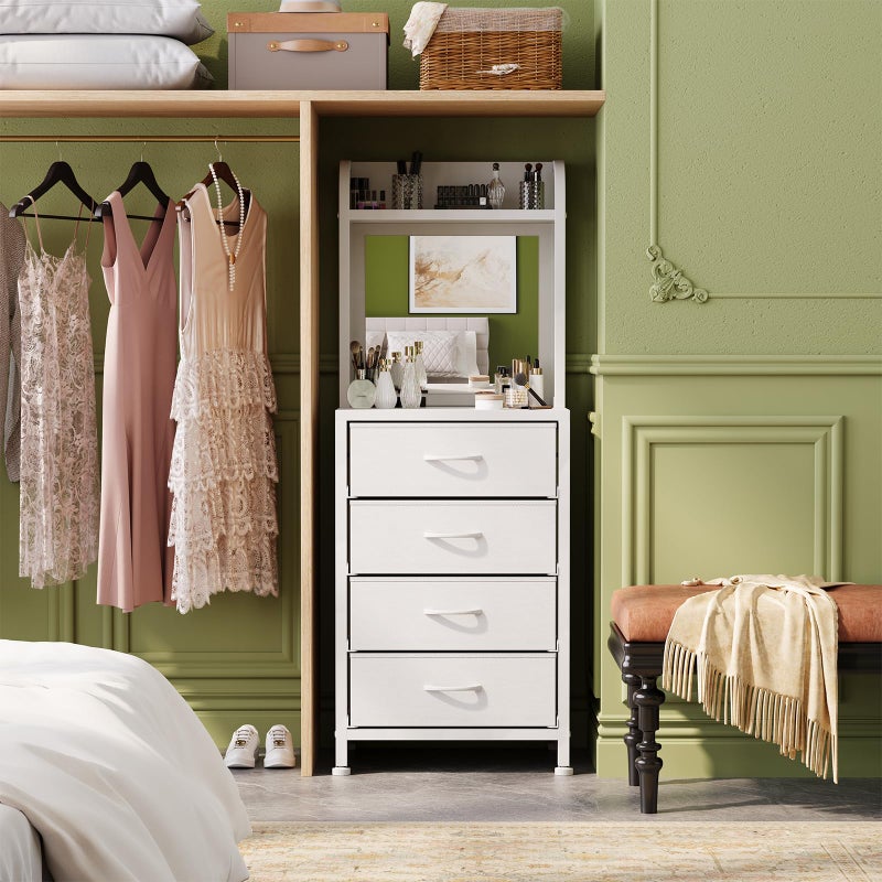 WODRAWER Tall Dresser for Bedroom, 4 Drawer Dresser & Chests of Drawers with Mirror & Open Shelves, Vertical Vanity Storage Cabinet for Small Space - Image 2